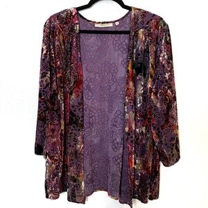 Sejour Burnout Velvet Kimono Cardigan 2X Purple Floral Open Front Topper Jacket